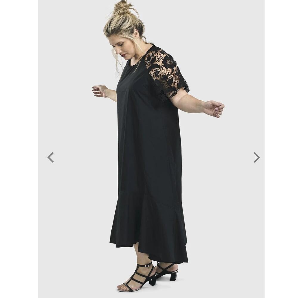 Alembika Exquisite Swing‎ Dress Black Maxi Lace Short Sleeves Pockets Sz 4-6 US